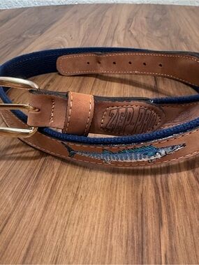 Leather & Canvas Belt. Brass Buckle Fish Embroidery Fishing Sailor Boating SZ 36
